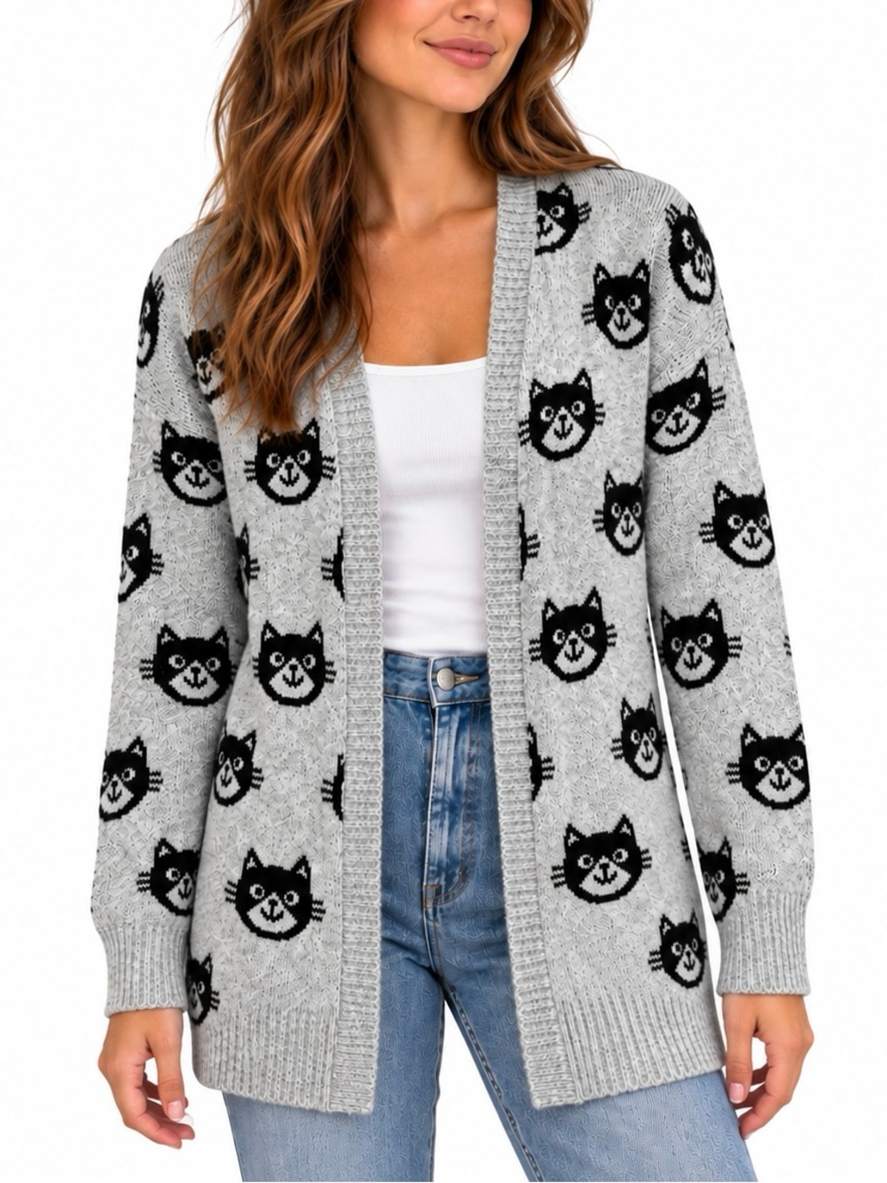 No Boundaries Cat Kitty Print Knit Open Front Cardigan Sweater Gray Black M